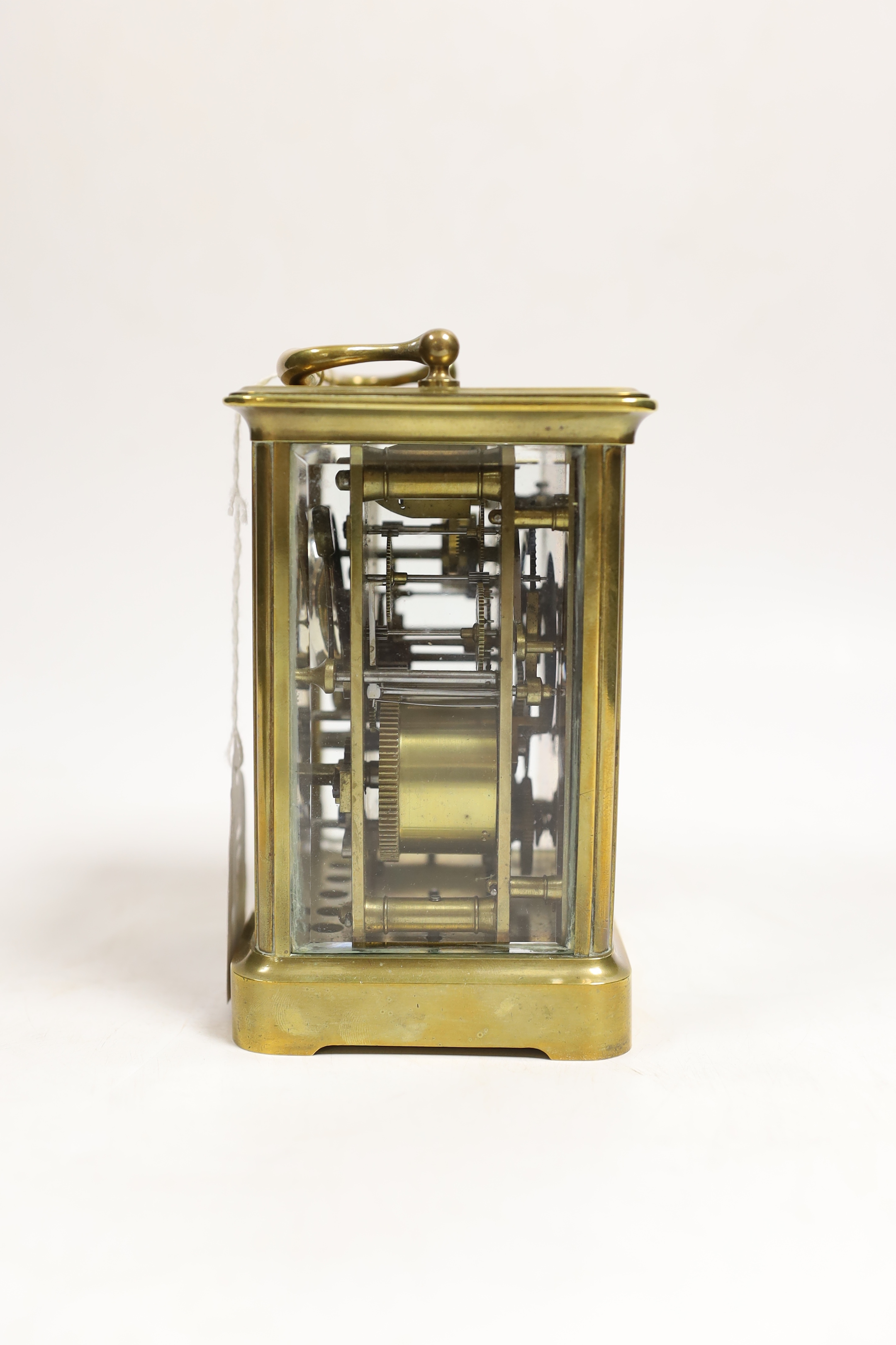 A late 19th century French carriage clock, with alarm, portable in case, clock 14cm high